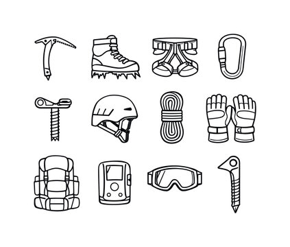 Ice climbing expedition gear: ice axe, crampon spiked boot, climbing harness, carabiner clip, ice screw anchor, climbing helmet, rope coil, insulated climbing gloves, mountaineering backpack