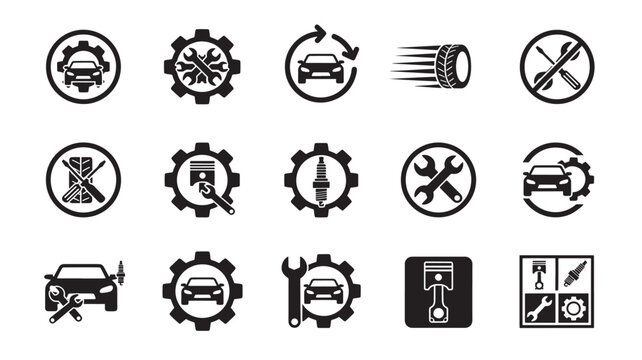 Car icons with gears, tools, tires, and pistons, symbolizing automotive repair and maintenance services in a clean, modern style.