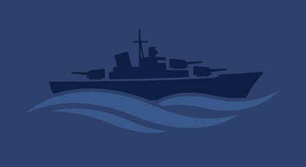Fototapeta premium Dark blue silhouette of a massive military battleship sailing on stylized ocean waves with heavy artillery cannons prepared for naval combat and maritime defense.