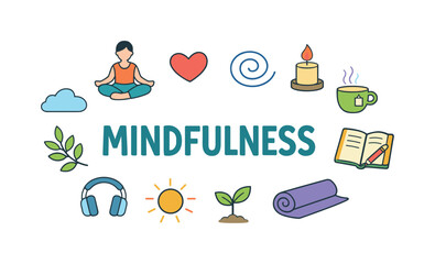 Fototapeta premium Mental health and self care concept centered on maintaining emotional balance, relaxation, and mindfulness practices that support wellbeing in everyday life. MINDFULNESS title surrounded by