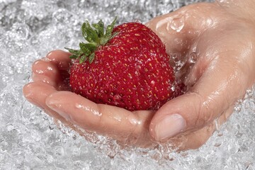 Fototapeta premium Fresh strawberry held in hand under clear running water, showcasing its vibrant red color and natural texture, creating a refreshing and clean image.