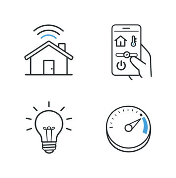 Smart home technology and connected living environment representing modern households using digital automation and remote device control for comfort and efficiency, four tiles showing a