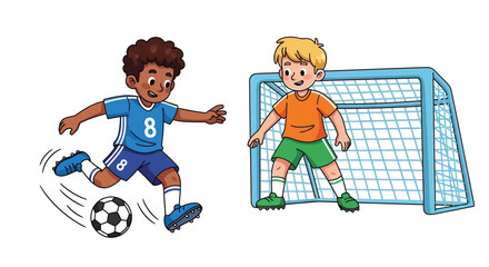 Two diverse cartoon children playing an exciting game of outdoor soccer with one athlete kicking the ball toward the goal defended by the opposing young goalie.