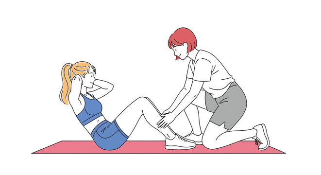 A dedicated young woman performs challenging sit-ups on a pink exercise mat with the professional guidance and supportive assistance of her personal trainer, demonstrating commitment to fitness, physi