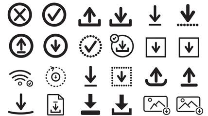 Fototapeta premium Upload and download icons with various styles including circles, squares, and dotted outlines for different actions.