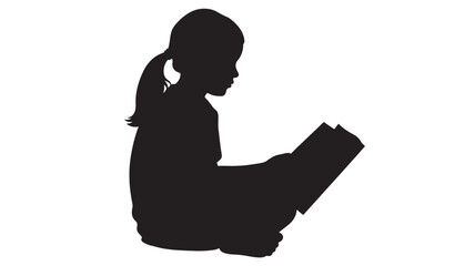 Girl silhouette reading a book with a ponytail, sitting on the floor, isolated on a white background, representing education and childhood curiosity.