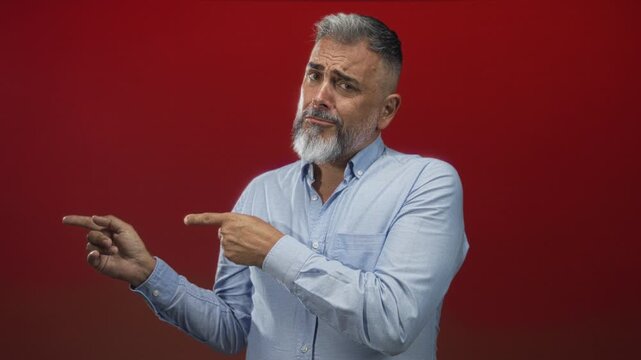 Man pointing index fingers toward opposite sides in red studio wearing light blue shirt with visible beard and hands; skeptical doubt choice reflection.