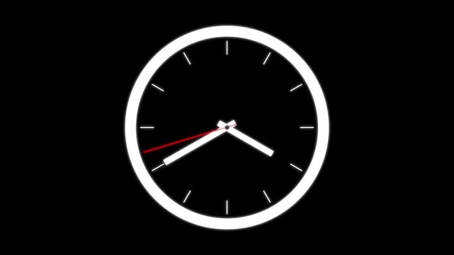 Analog wall clock spinning animation on black background. Wall clock show running time. Wall clock time working office hours animated. Vintage Clock Animation Loop.