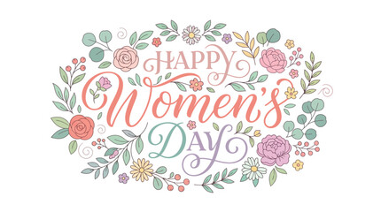 Obraz premium Elegant hand-lettered 'Happy Women's Day' message adorned with a beautiful pastel floral wreath, perfect for international celebrations and greeting cards