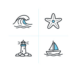 Fototapeta premium Seaside exploration and coastal nature representing ocean environments, marine discovery, and outdoor relaxation along sandy shores, four tiles showing a simple wave crest curling forward, a