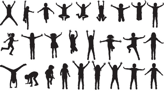 Children silhouettes in various playful poses, including jumping and handstands, presented in a diverse collection against a white background.