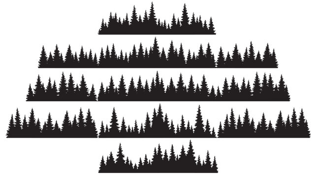 Pine forest silhouettes with varying densities and heights create natural landscape borders for design elements.
