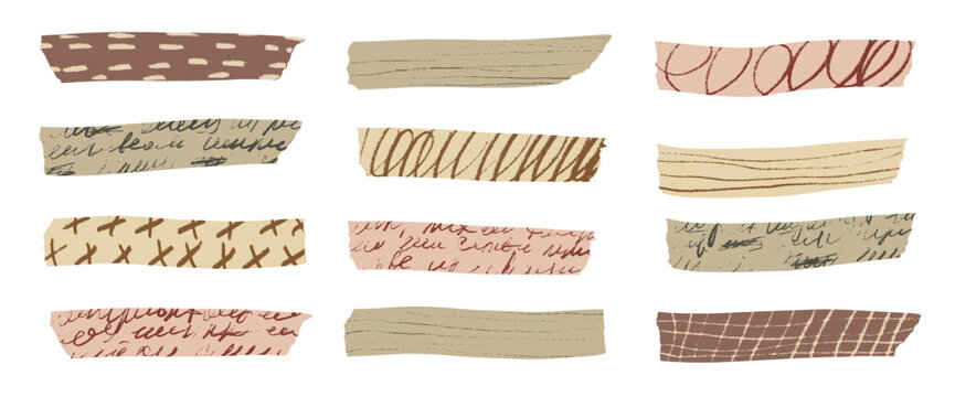 Vintage colors washi tape collection with decorative paper strips, sticky masking elements, and vintage scrapbook stickers for creative craft projects and journal decoration. Vector set.