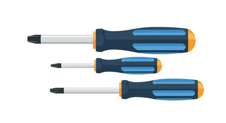 Fototapeta premium Three screwdrivers with blue handles arranged vertically on white background