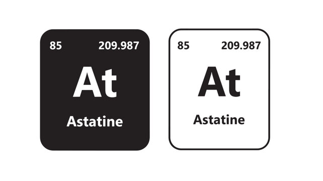 Astatine element icons with atomic number and mass, presented in black and white for educational or scientific representation.
