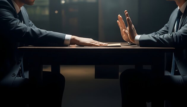 Honest businessman rejects a secret envelope during a dark meeting, symbolizing transparency, anti-bribery, and corporate integrity