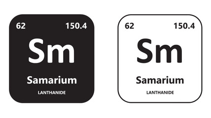 Samarium element symbol 'Sm' with atomic number 62 and atomic mass 150.4 on black and white backgrounds.