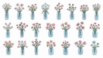 Set of hand drawn floral bouquets in tall blue glass vases, elegant wildflower arrangements in glass bottles vector illustration