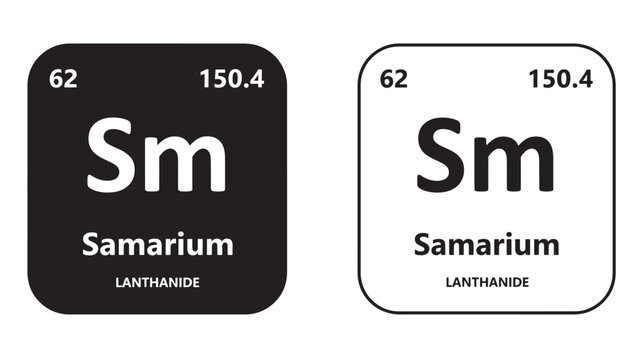 Samarium element symbol 'Sm' with atomic number 62 and atomic mass 150.4 on black and white backgrounds.