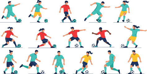Set of diverse male and female soccer players in flat design action poses including dribbling kicking and running with ball vector illustration for sports team brandingSet of diverse male and female s © Md