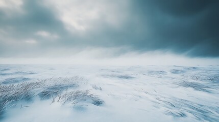 Obraz premium Dramatic winter landscape under a cloudy sky with textured ground and atmospheric lighting
