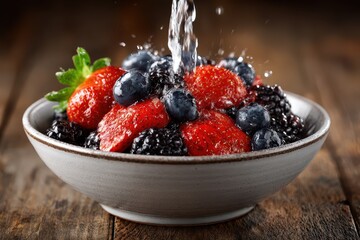 A refreshing splash of water is poured over a bowl of mixed berries, a delicious and healthy treat, arranged on a rustic wooden table, perfect for a vibrant and tasty dessert.