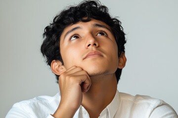 selective focus minimalistic portrait of young man isolated on white background, subtle anxious emotion