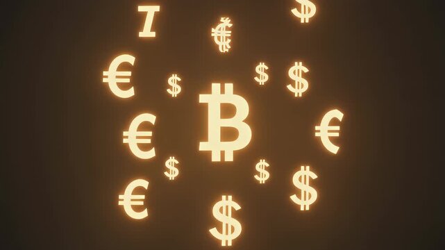Illuminated digital currency symbol surrounded by glowing traditional fiat money signs, representing global finance and economic exchange in a modern digital landscape