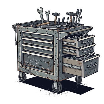 Rusty toolbox with wrenches, hammers, and tools, isolated on white