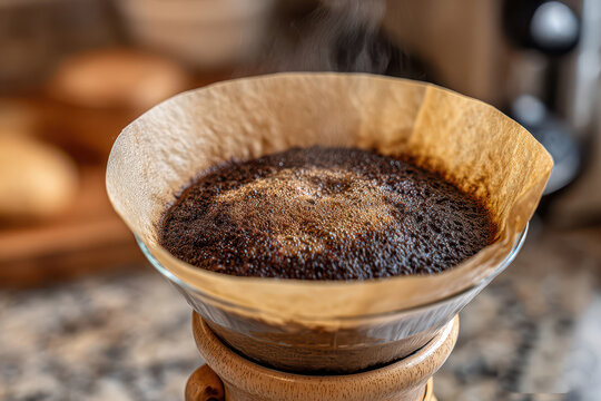 A close-up shot showcasing the coffee brewing process with steam rising, using the pour-over method to create a rich and aromatic morning drink for coffee lovers.