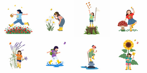 Fototapeta premium Collection of illustrations featuring young girls enjoying various outdoor activities in nature, including flower picking, butterfly catching, and exploring the countryside.