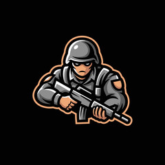 Naklejka premium Modern Soldier Holding Assault Rifle Ready for Combat.
