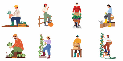 Fototapeta premium Flat illustration set of diverse farmers and gardeners harvesting various organic vegetables and fruits in a garden or farm setting.