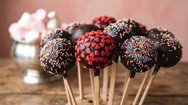Delicious chocolate cake pops with colorful sprinkles and heart decorations on sticks, presented on a rustic wooden table with blurred marshmallows in the background.