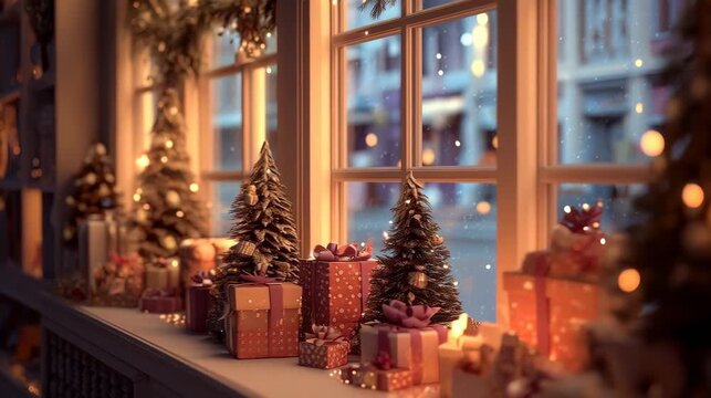 Christmas scene, gifts and Christmas tree near window. This image shows a collection of Christmas trees and present boxes near the window, decorated with festive lights.