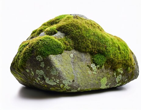 large granite bolder covered with moss isolated on white background