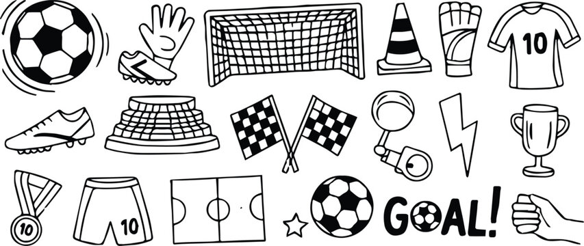 soccer sport symbols ball goalpost stadium whistle flag diagram