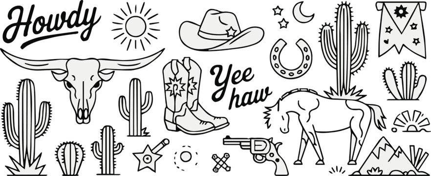 cowboy icons line art set hat boots horse lasso skull