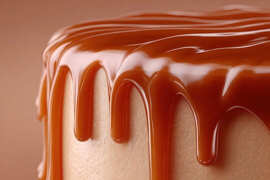 A close-up view of delicious caramel sauce dripping down a creamy dessert, showcasing the rich texture and vibrant colors in a tempting and mouthwatering presentation.