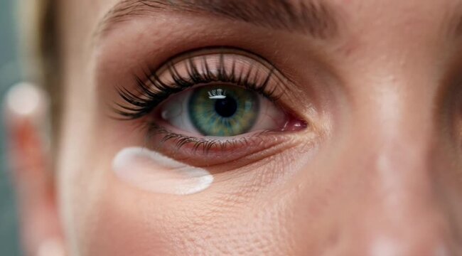 : Extreme Close-Up Green Eye Woman with Under Eye Cream Skincare Beauty Treatment