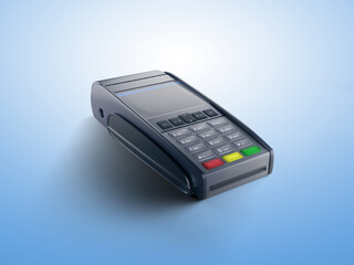 3D rendering of a credit card payment terminal on a blue gradient background, concept for retail transactions, fintech, and electronic payments