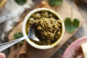 Pesto sauce made of fresh young garlic mustard leaves - wild edible plant harvested in early spring