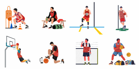 A collection of flat vector illustrations showcasing various basketball players during practice sessions, playing games, and resting on the court. © Muqodimatul