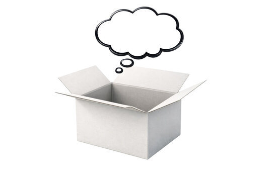 White open cardboard box with black outline thought bubble above, empty speech balloon, isolated on white