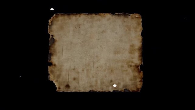 Vintage burnt parchment paper texture on a black background, old aged antique document or map with distressed edges, historical grunge overlay