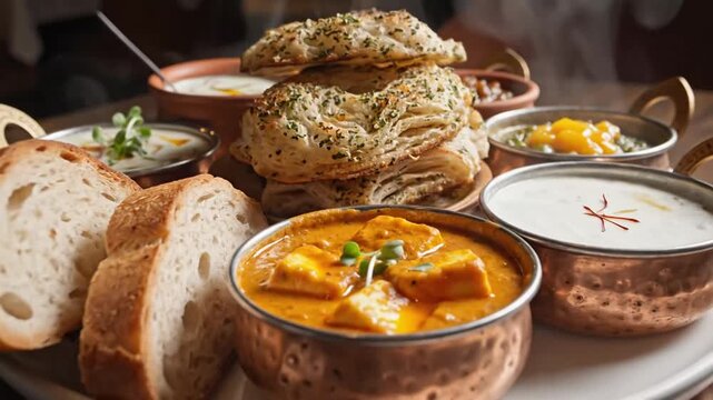 A delicious assortment of Indian cuisine is artfully arranged on a white platter, featuring various curries, naan bread, and accompaniments, ready to be enjoyed as a flavorful culinary experience