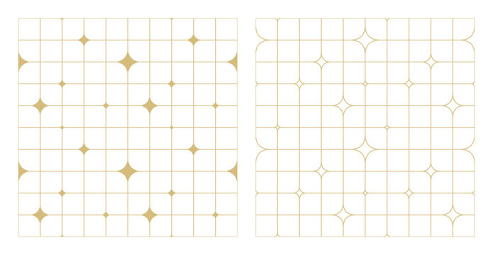 Sparkling Star Seamless Pattern set. Abstract geometric background with gold twinkles. Retro aesthetic grid line patterns bg. Wireframe mesh with magical glow. Vector illustration art