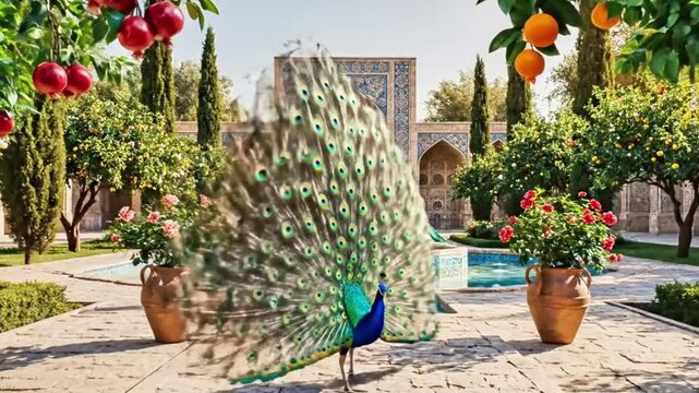 Ancient Persian garden paradise fountains, fruit trees, peacocks.
