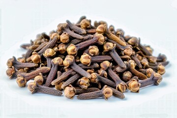 Obraz premium A Close-Up Heap of Aromatic Whole Cloves Isolated on a White Background Representing Culinary Tradition and Natural Organic Healing Properties
