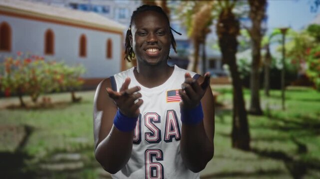 Man in usa basketball jersey points finger and smiles in building with palm trees and green lawn; joy friendly energy.